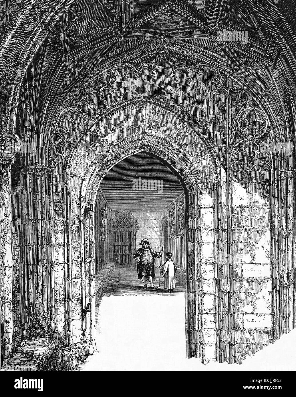 1870: i Chiostri in alla cappella di San Giorgio, il luogo di sepoltura dei monarchi 10 tra cui Henry VIII e Charles I, e di un raffinato esempio di architettura gotica. Il Castello di Windsor, Berkshire, Inghilterra Foto Stock