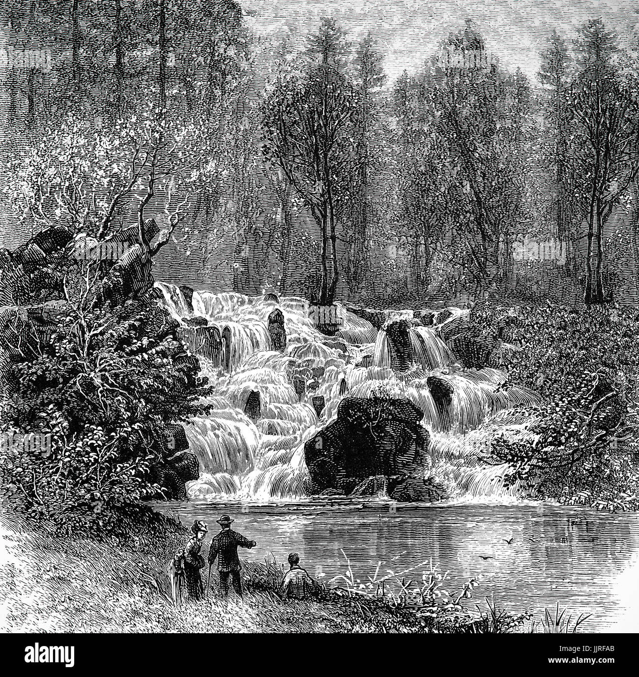 1870: i visitatori da cascate, vicino a Virginia Water, parte del Royal piacere terreno, Windsor Great Park, Berkshire, Inghilterra Foto Stock