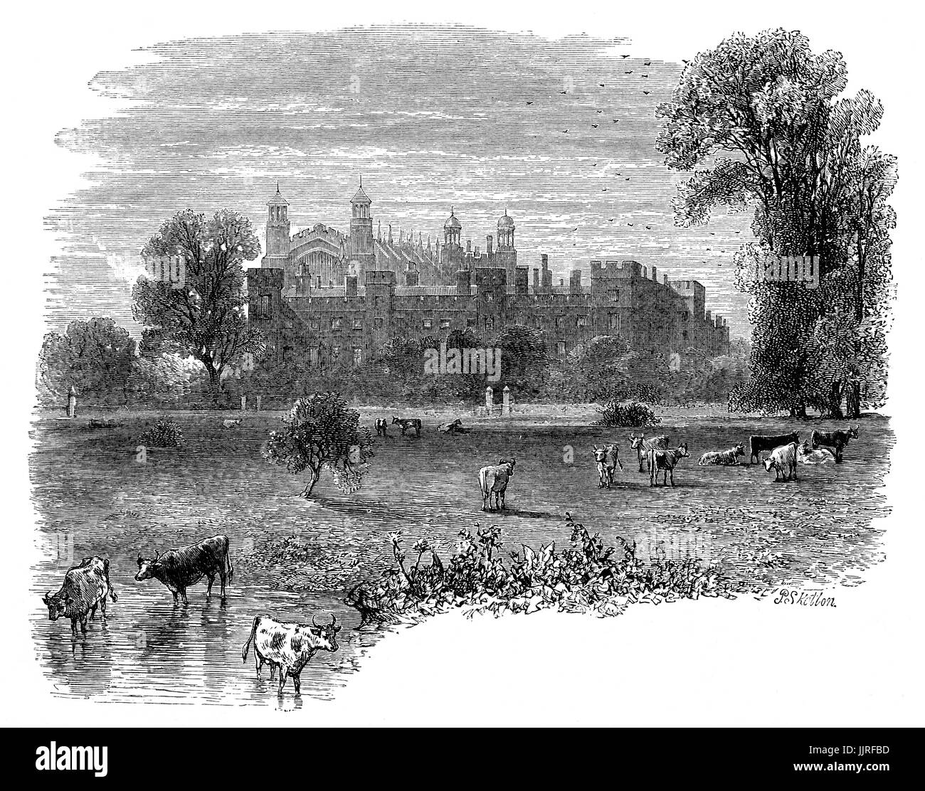 1870: una vista dal fiume Tamigi di Eton College, un indipendente inglese scuola per ragazzi fondata nel 1440 dal Re Enrico VI come "il re della Scuola di Nostra Signora di Eton oltre Wyndsor', Eton, Berkshire, vicino a Windsor, in Inghilterra. Foto Stock