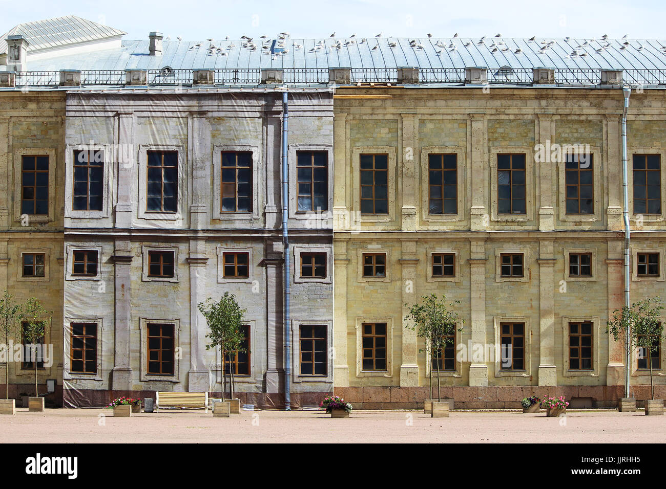 Palazzo Gatchina nel processo di restauro - impalcature nascosto dietro la falsa facciata, ripetendo il decor dell'edificio Foto Stock