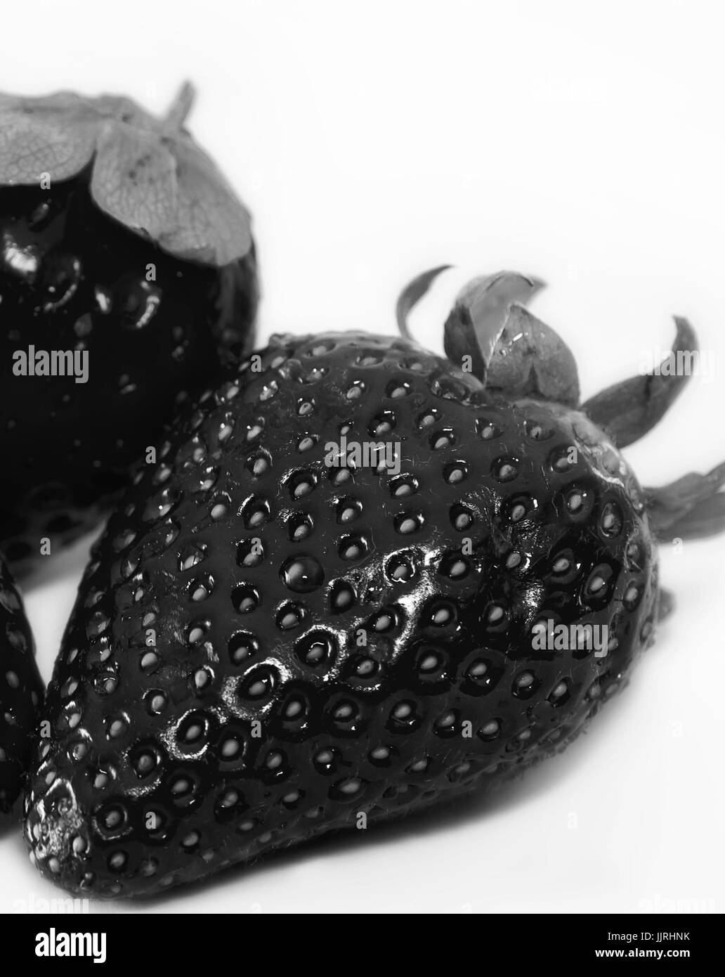 Primo piano di alcune fragole nero con contrasto elevato e uno sfondo bianco Foto Stock