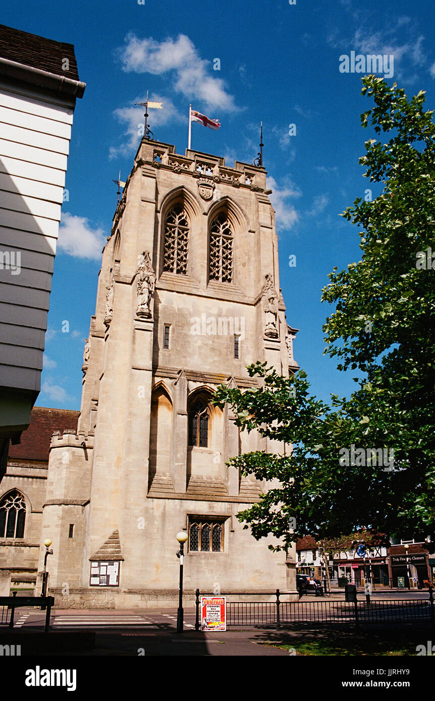 Agli inizi del XX secolo il campanile della chiesa di San Giovanni Battista a Epping, Essex, Regno Unito Foto Stock