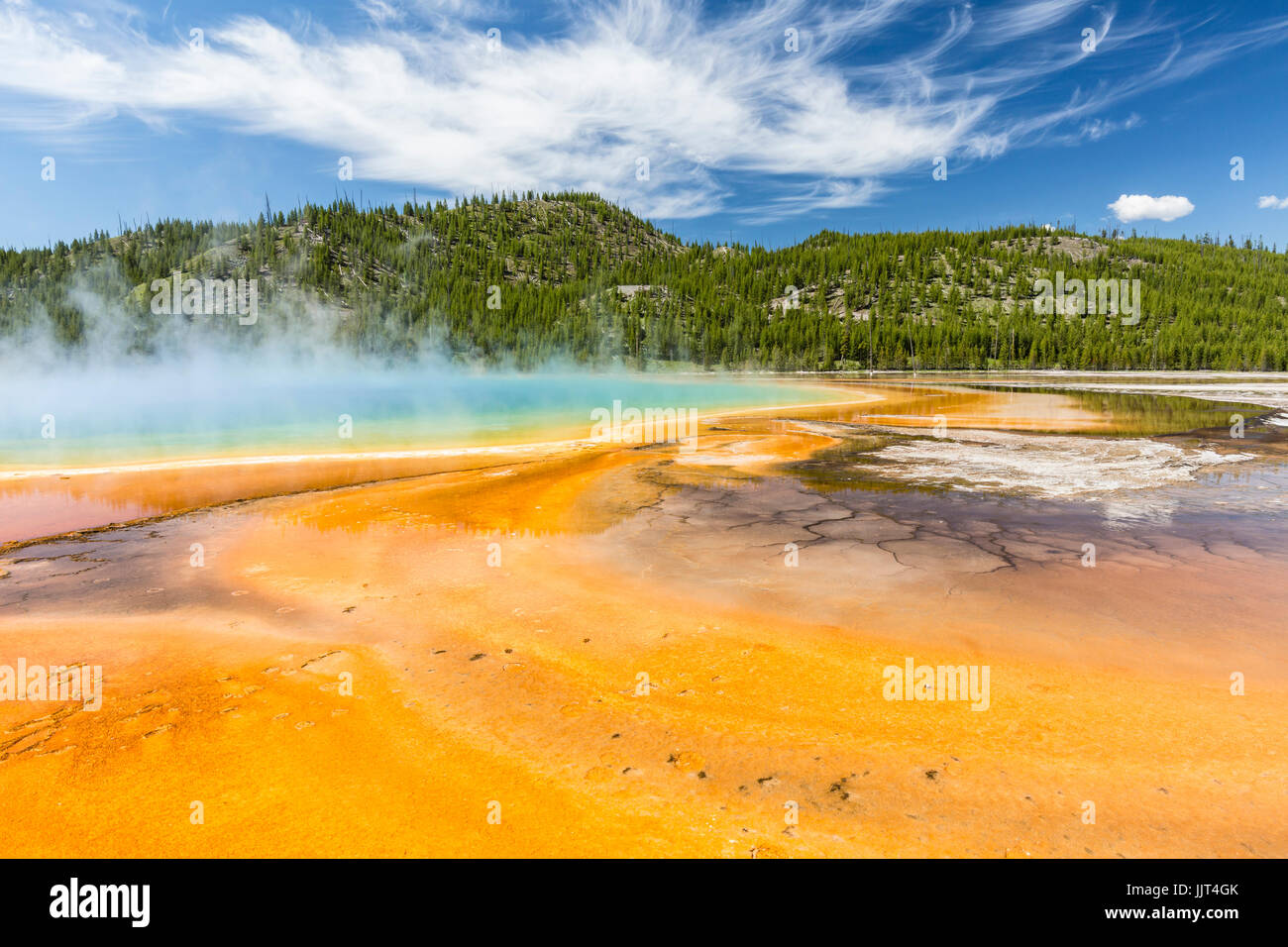 I vivaci colori arcobaleno del Grand Prismatic Spring nel Parco Nazionale di Yellowstone, Wyoming Foto Stock