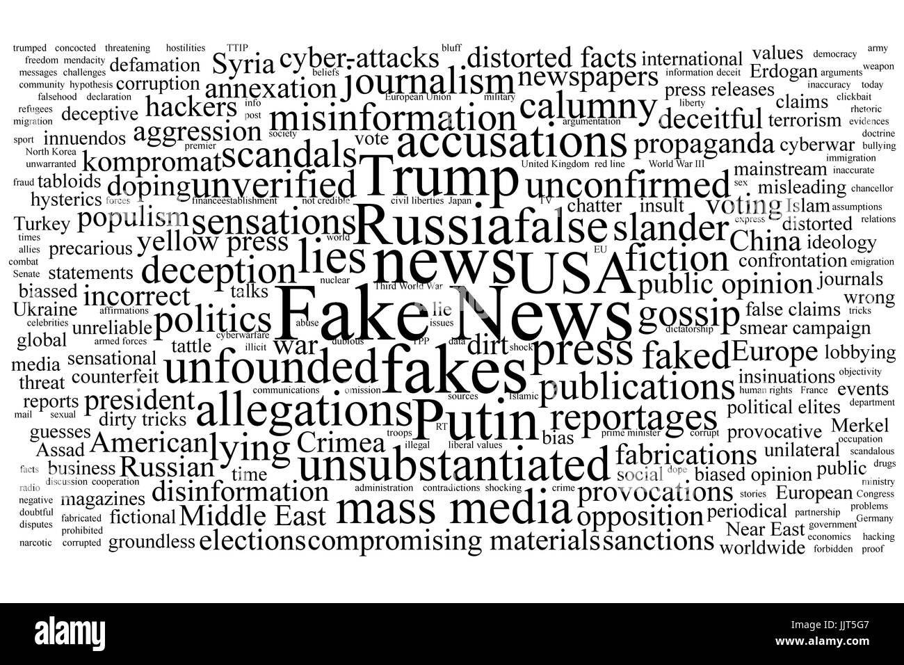 Parola tag cloud sul tema di false notizie con testo nero isolato su sfondo bianco Foto Stock