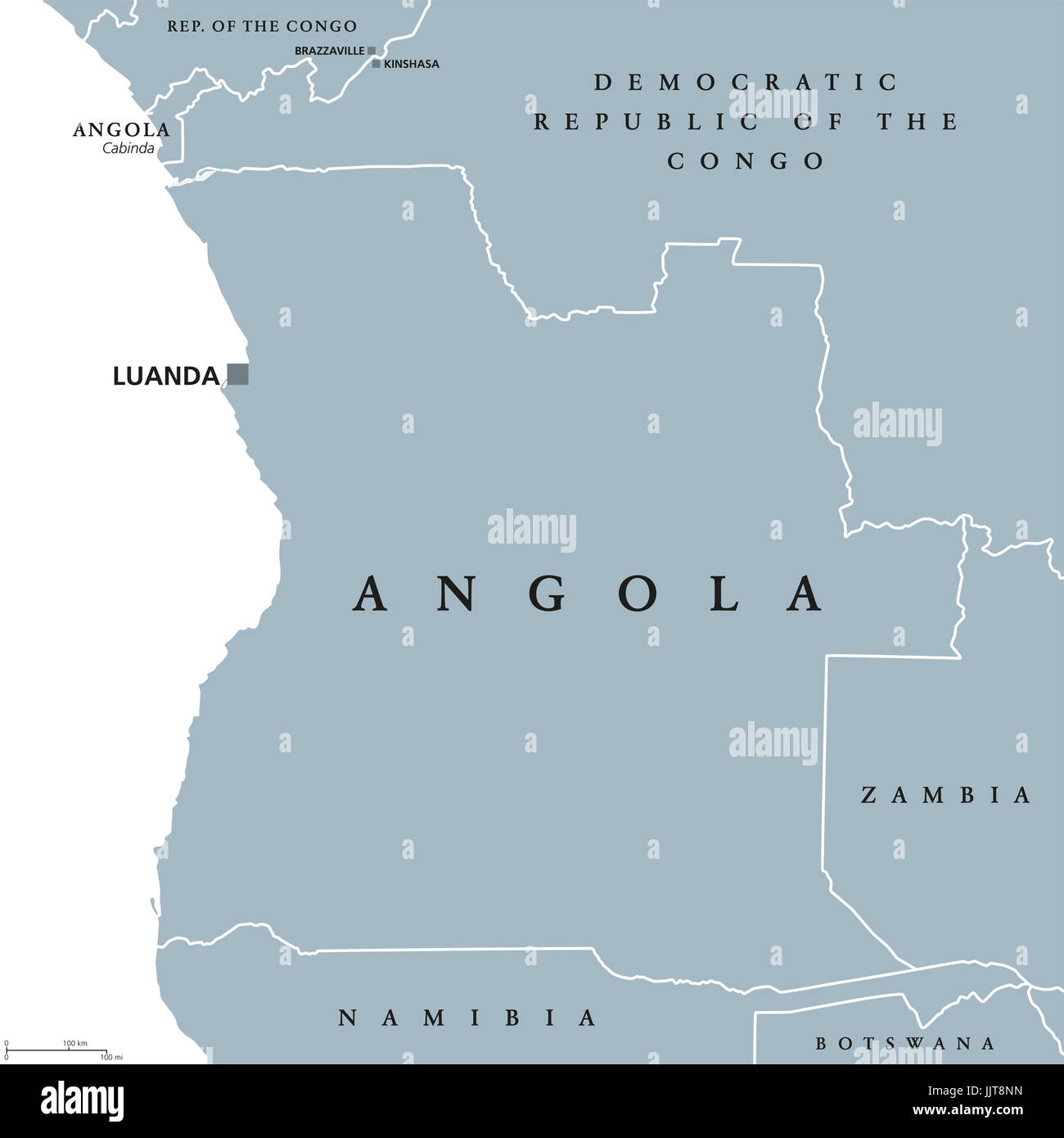 Angola mappa politico con capitale Luanda e exclave di Cabinda. Repubblica e paese in Sud Africa sull'Oceano Atlantico. Illustrazione di grigio. Foto Stock