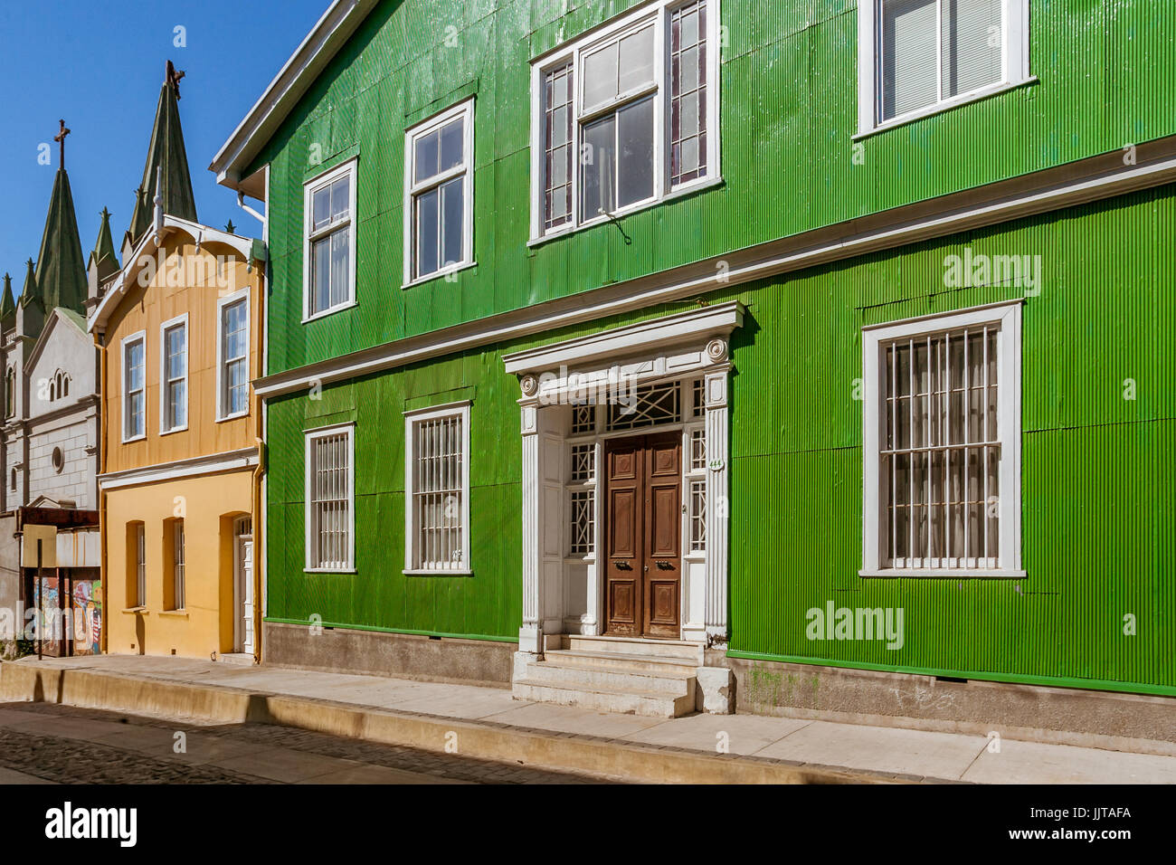 Case colorate in Cerro Alegre, Valparaiso, Cile. Patrimonio Mondiale dell'UNESCO. Foto Stock