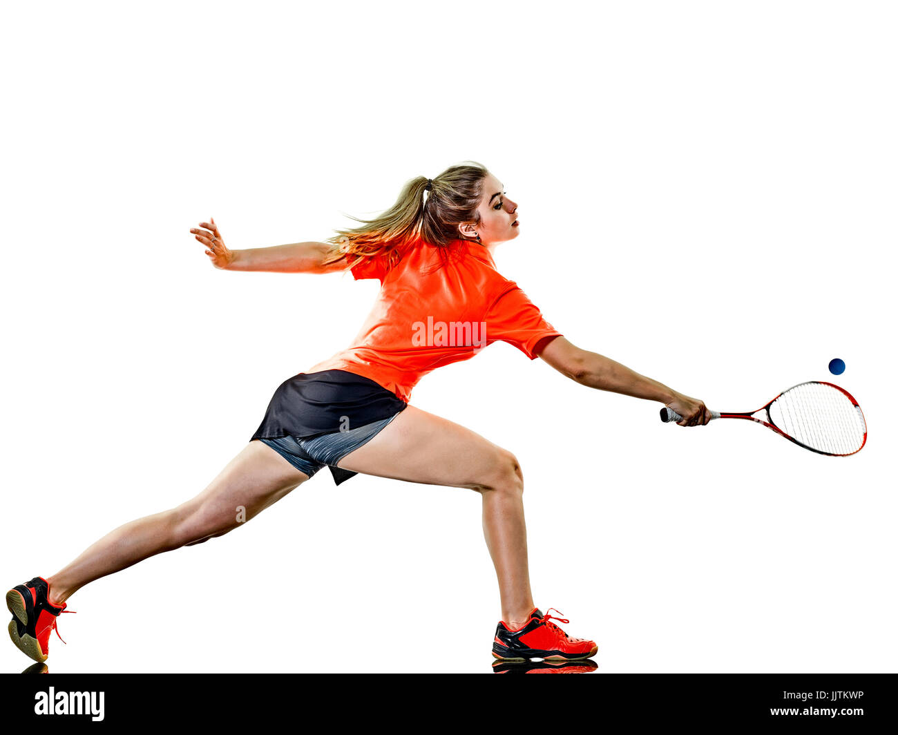 Un caucasian adolescente Ragazza donna giocare a squash player isolati su sfondo bianco Foto Stock