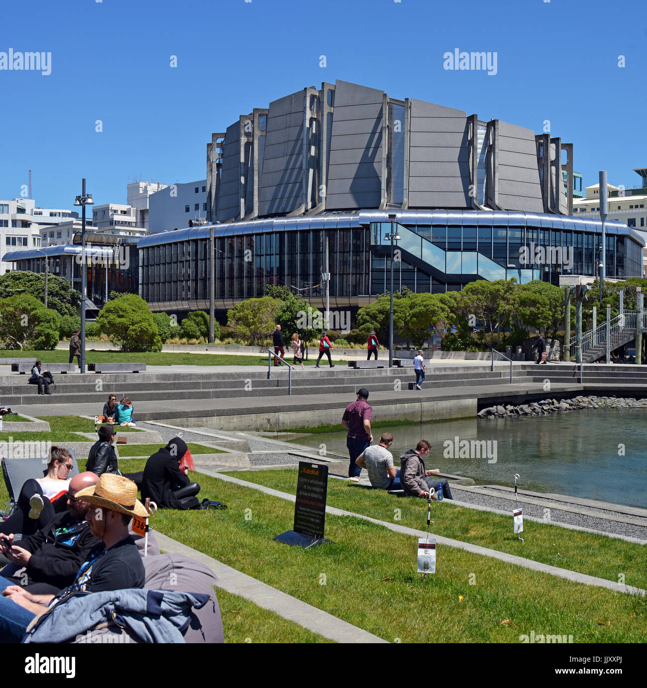 Wellington, Nuova Zelanda - 18 Novembre 2016: Wellington la gente e i visitatori godere di sole e di primavera a pranzo sul prato fuori la Town Hall b Foto Stock