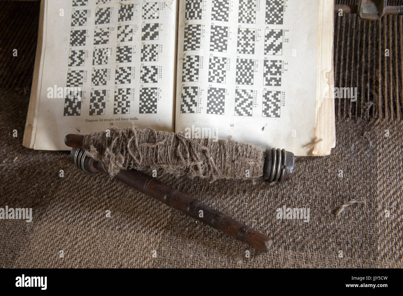 Antico mulino di lana di apparecchiature con bobina in legno e lo stelo con libro di configurazioni di tessitura. Foto Stock