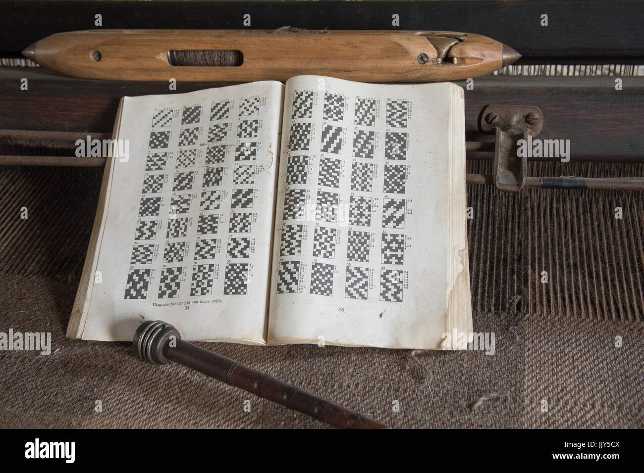 Antico mulino di lana di apparecchiature con bobina in legno e lo stelo con libro di configurazioni di tessitura. Foto Stock