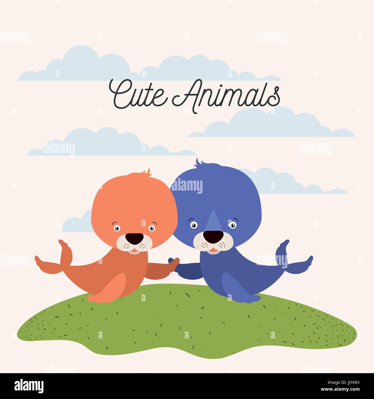 Sfondo bianco con colore scena giovane carino guarnizioni animali acquatici in erba Illustrazione Vettoriale