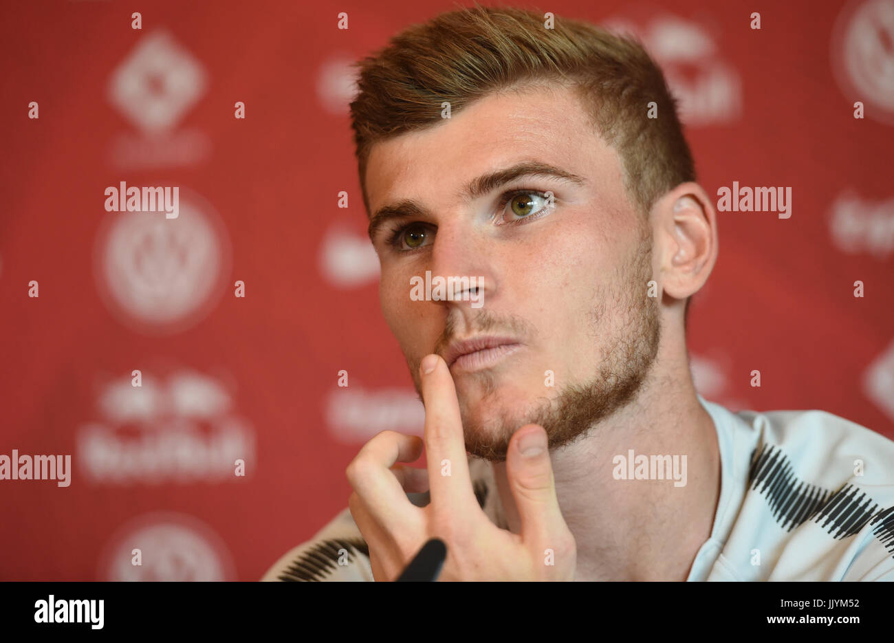 Seefeld, Austria. 21 Luglio, 2017. Timo Werner da RB Leipzig parla durante una conferenza stampa dopo una sessione di formazione in Seefeld Austria, 21 luglio 2017. Foto: Andreas Gebert/dpa/Alamy Live News Foto Stock