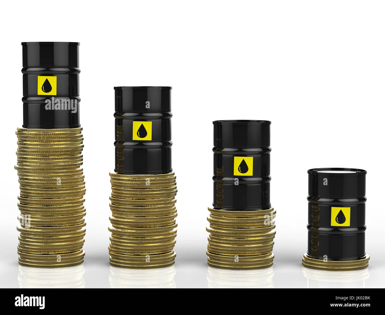 3D rendering del prezzo del petrolio che cade con barili di olio e monete d'oro Foto Stock