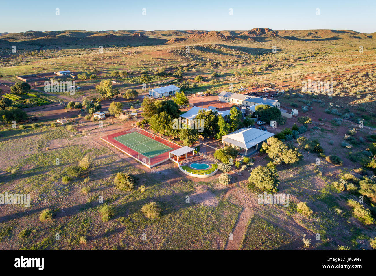 Dabis Guest Farm in Helmeringhausen è visto dal di sopra, Namibia del sud, Africa. Foto Stock