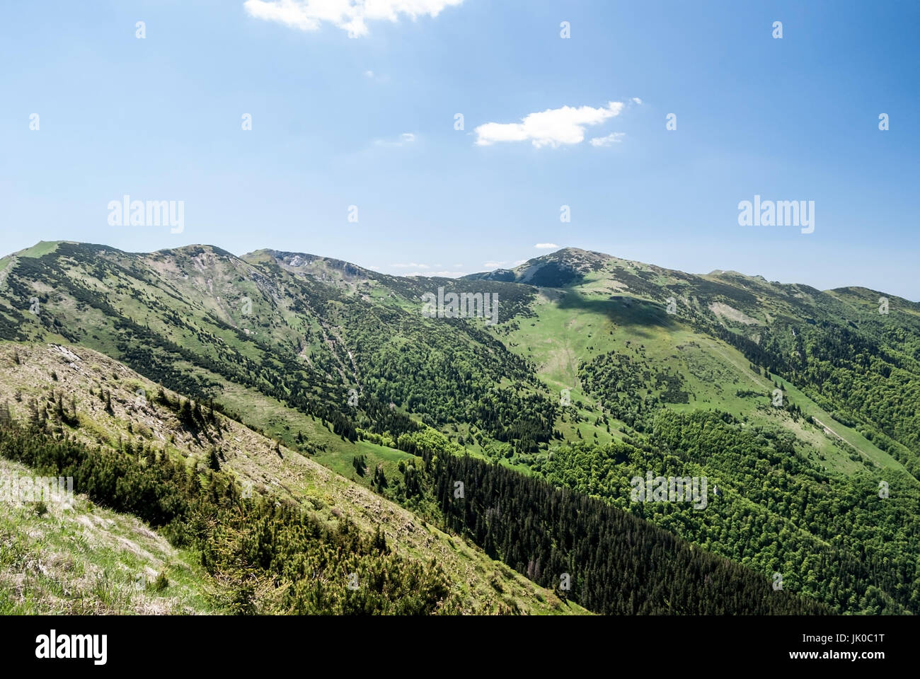 Hromove, Chleb, Velky Krivan e altre colline da Steny hill in Mala Fatra mountain range in Slovacchia durante il bel dire con cielo blu e solo qualche nuvola Foto Stock