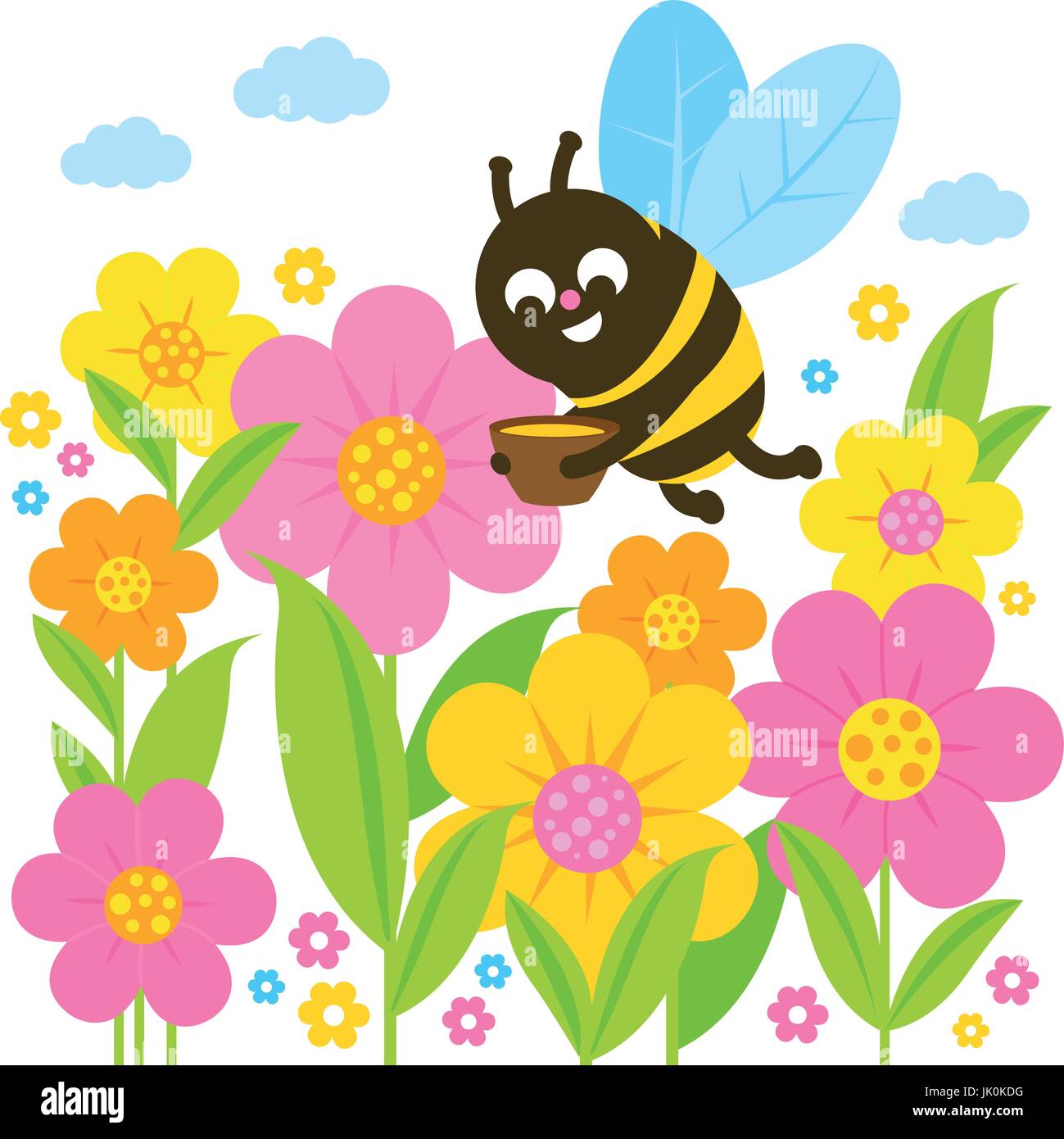 Ape con vaso di miele che vola intorno ai fiori. Carino cartoni animati di insetti d'api in giardino con un barattolo di miele. Illustrazione vettoriale Illustrazione Vettoriale