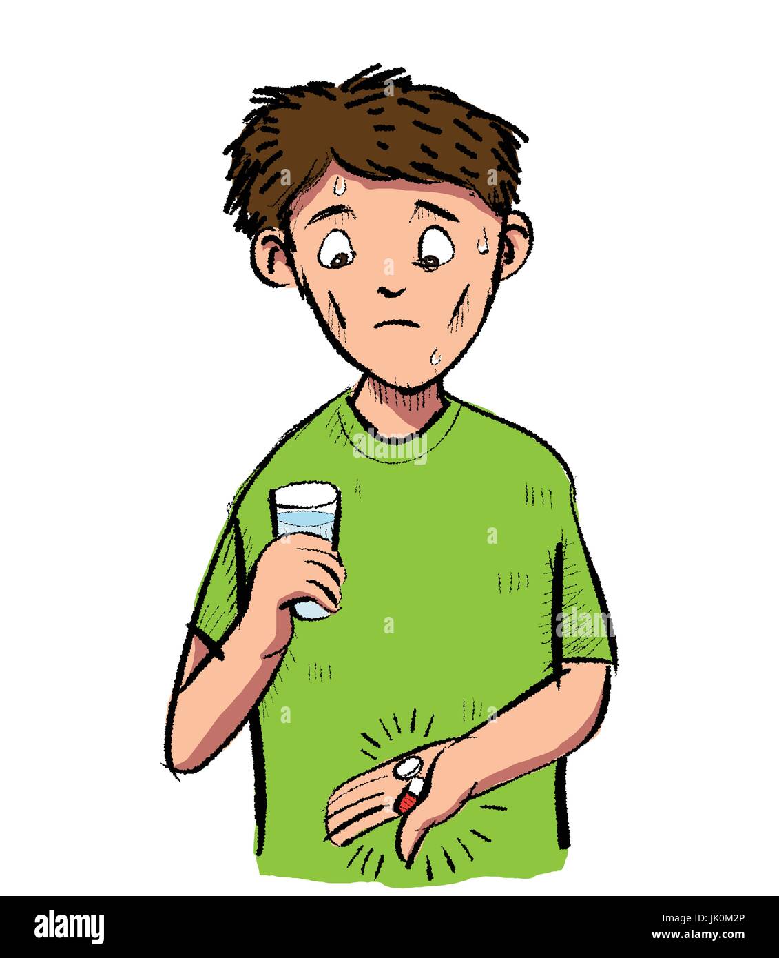 Coloratissimo Cartoon uomo ha paura di pillole e capsule su sfondo bianco - clipart vettoriali illustrazione Illustrazione Vettoriale