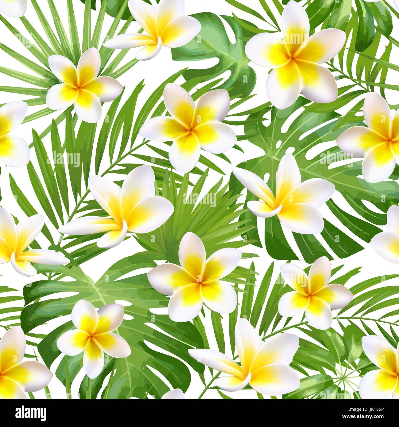 Seamless pattern esotici tropicali con foglie e fiori su sfondo beige background. Illustrazione Vettoriale. Illustrazione Vettoriale