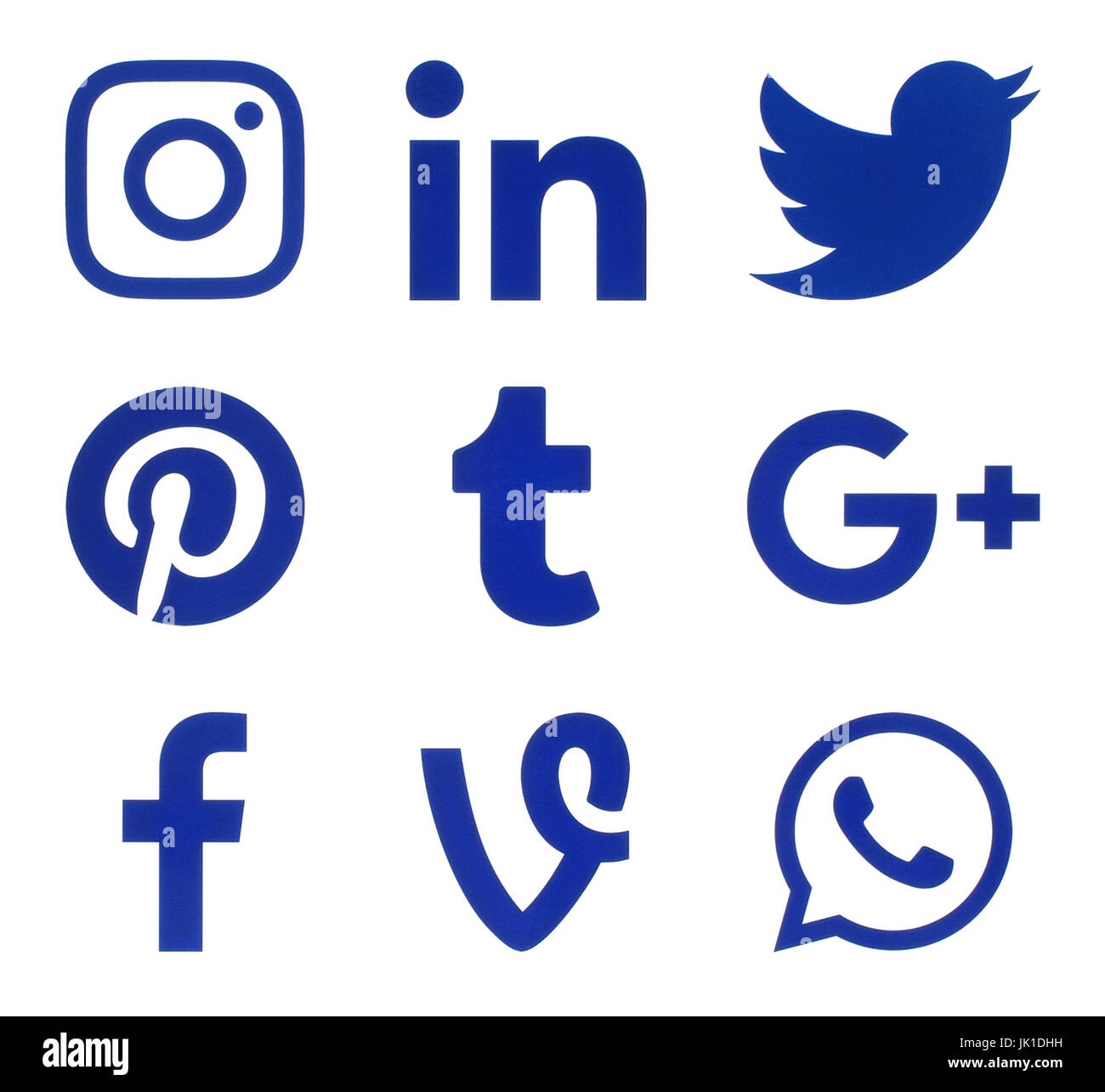 Kiev, Ucraina - Febbraio 21, 2017: Raccolta del popolare social media blue logo stampato su carta: Facebook, Twitter, Google Plus, Instagram, Pinteres Foto Stock