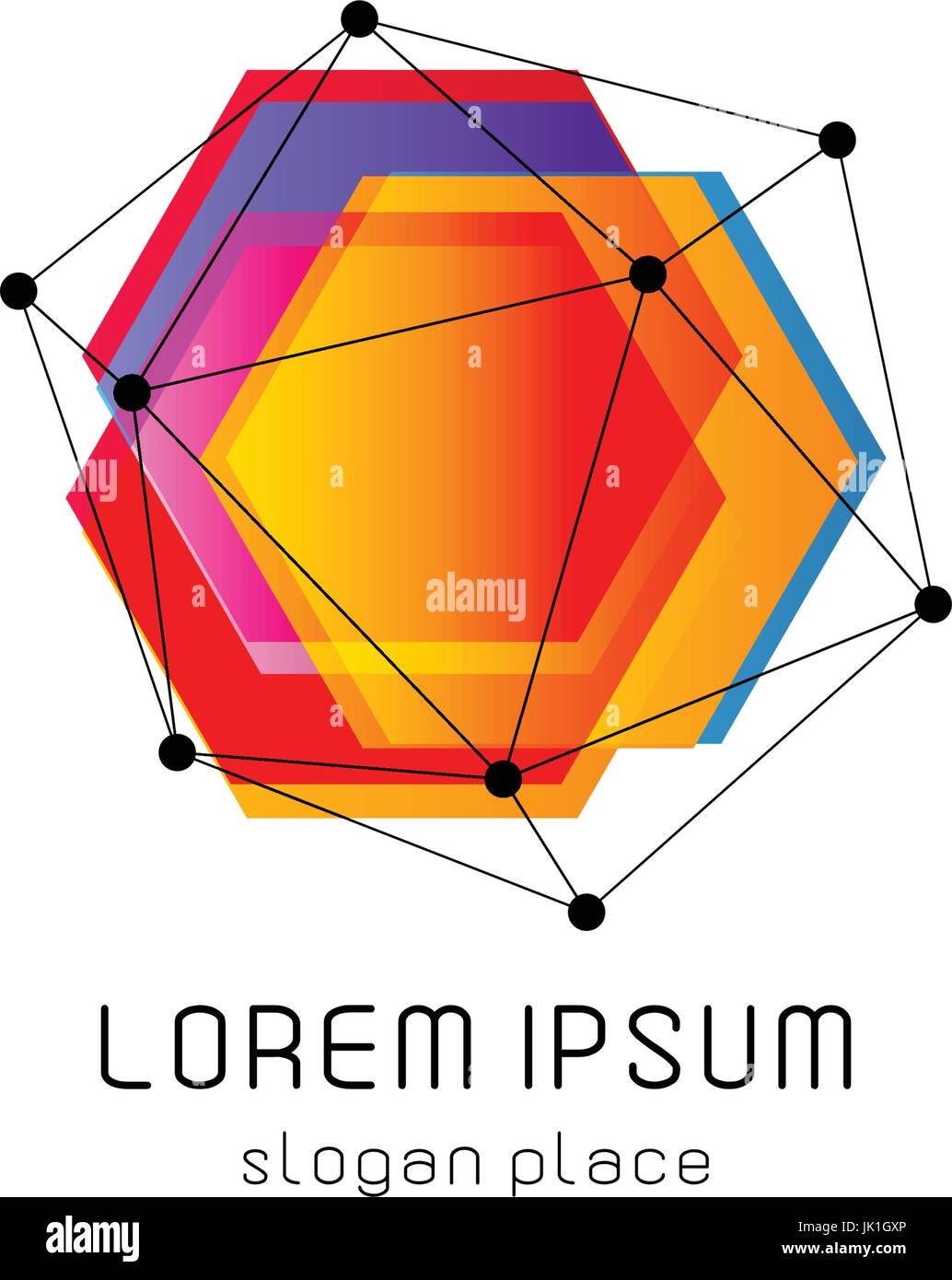 Luminose colorate abstract poli costruzione logotipo, insolito innovare logo design template, isolata forma poligonale, spiderweb da linee nere con punti sugli angoli, illustrazione su sfondo bianco Illustrazione Vettoriale