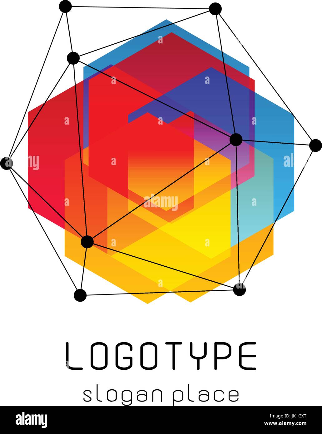 Luminose colorate abstract poli costruzione logotipo, insolito innovare logo design template, isolata forma poligonale, spiderweb da linee nere con punti sugli angoli, illustrazione su sfondo bianco Illustrazione Vettoriale