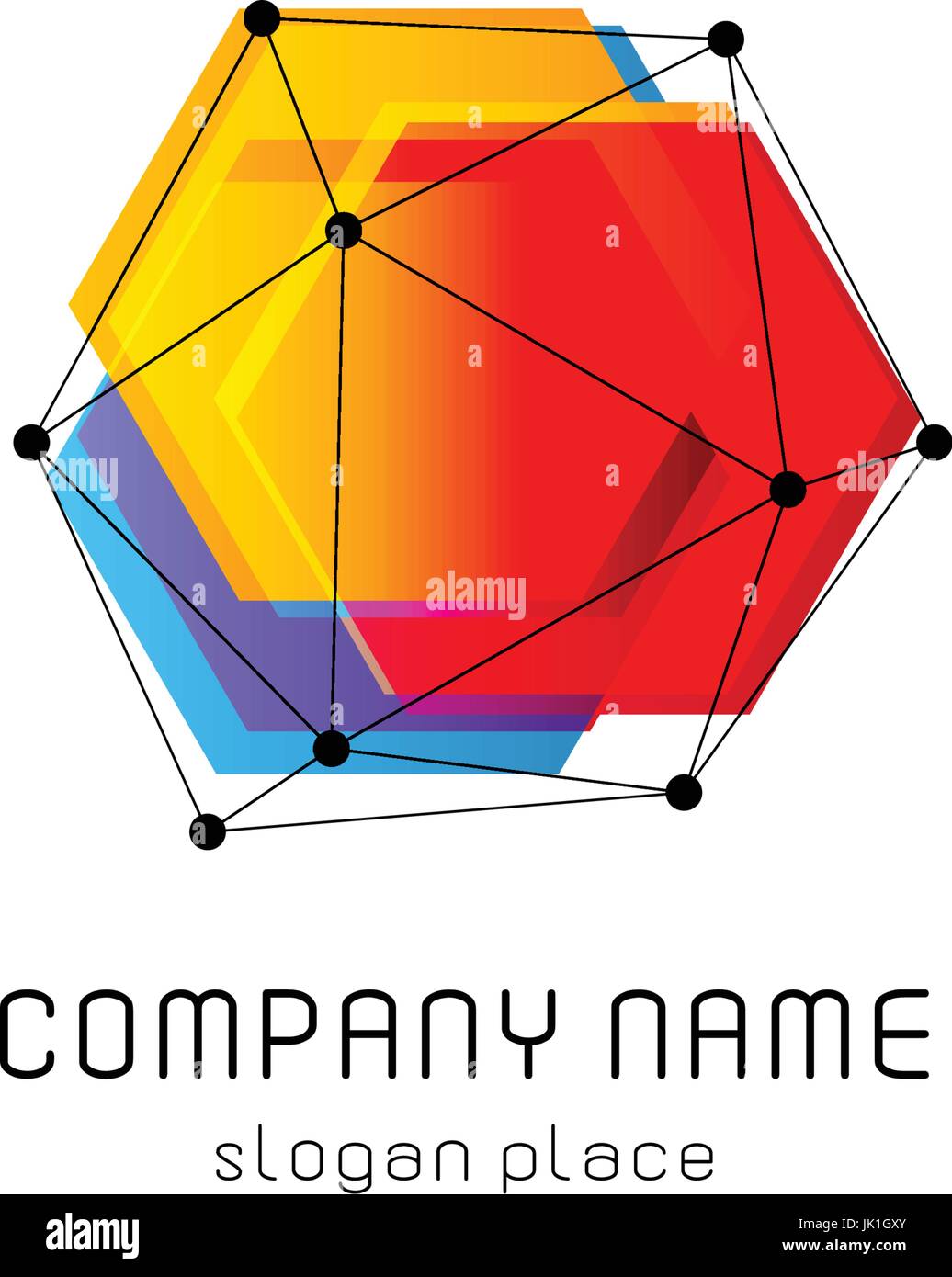 Luminose colorate abstract poli costruzione logotipo, insolito innovare logo design template, isolata forma poligonale, spiderweb da linee nere con punti sugli angoli, illustrazione su sfondo bianco Illustrazione Vettoriale