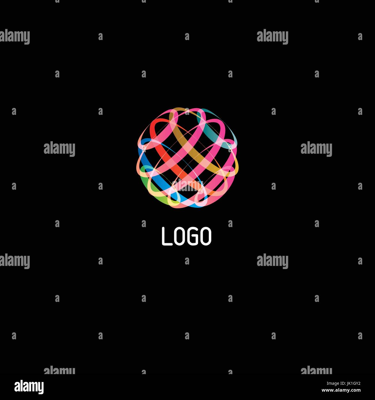 Cerchio colorato linea astratta vettore d'arte logo su sfondo nero. Illustrazione Vettoriale