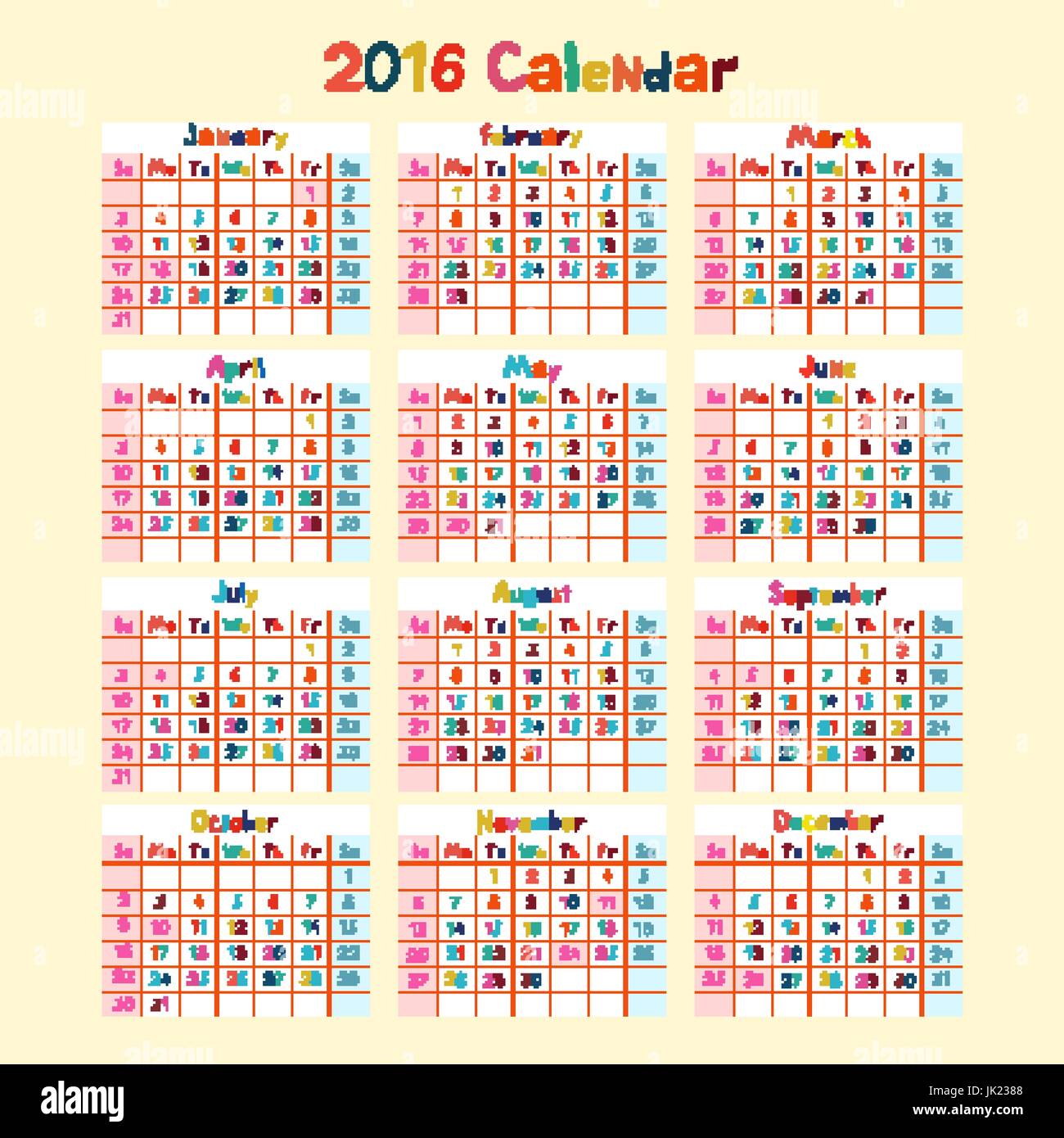 Bambini fatti a mano sul calendario 2016 anno arte Illustrazione Vettoriale