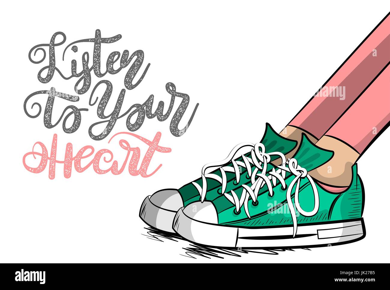 La Pop art donna sneakers soggiorno passalacci pensando di ascoltare il cuore. La filosofia di amore scritte comic frase di testo. Cartoon schizzo colorati illustrazione vettoriale Illustrazione Vettoriale