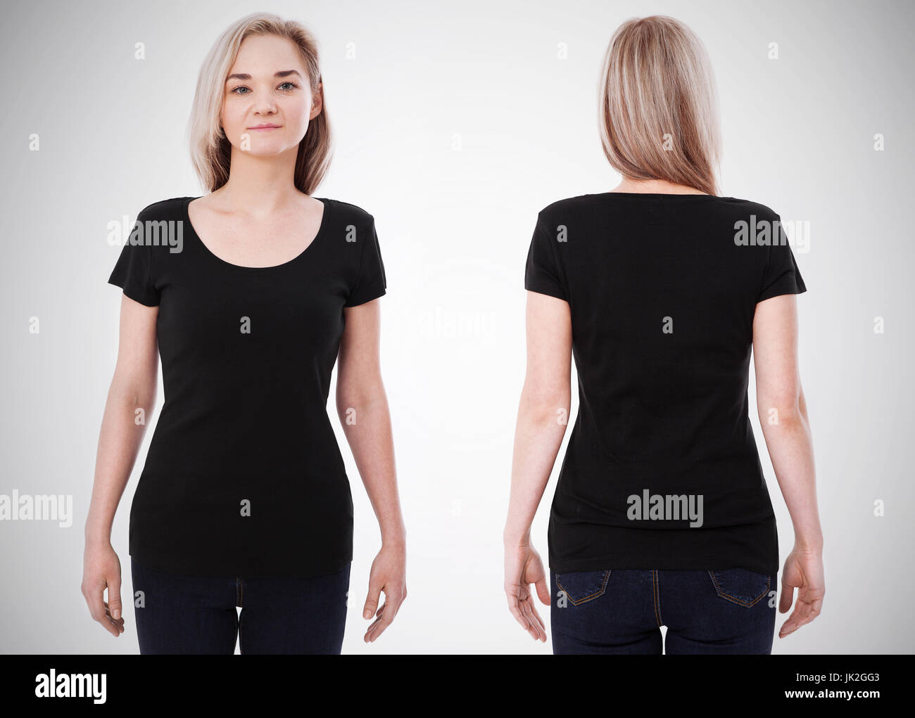 Shirt design e concetto di persone - close up della giovane donna in nero vuota tshirt anteriore e posteriore isolato. Mock up modello per design stampa Foto Stock
