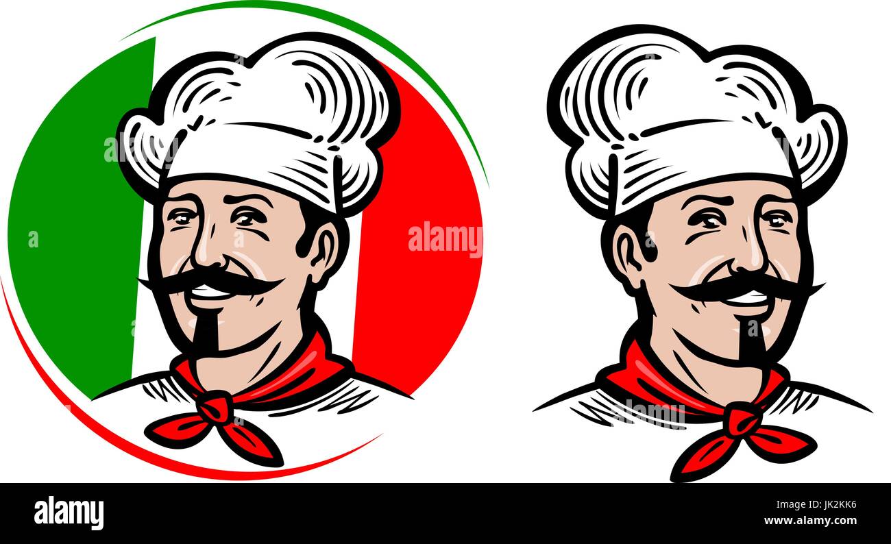 Lo chef, logo. Cucina italiana, pizza, ristorante, Etichetta menu. Fumetto illustrazione vettoriale Illustrazione Vettoriale