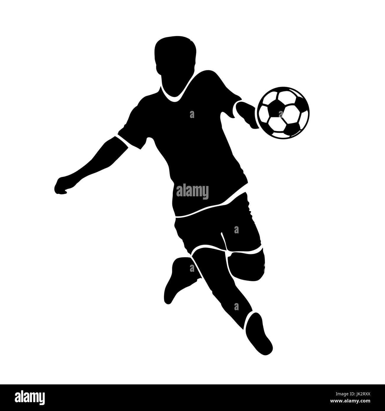 Il calciatore silhouette. Il nero di Calcio Profilo giocatore con una sfera, correre e segnare goal, isolati su sfondo bianco Illustrazione Vettoriale