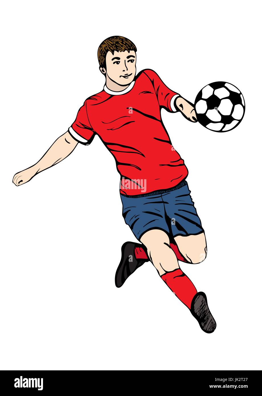 Il calciatore con la palla, vettore di disegno a mano. Giocatore di calcio in un rosso uniforme blu corre e punteggi un obiettivo. Isolato su sfondo bianco. Vector illust Illustrazione Vettoriale
