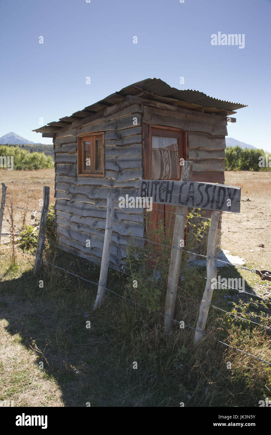 Argentina, Patagonia, Chubut Provincia, Cholila, segno per l'ex casa di US Bank Robber Butch Cassidy Foto Stock
