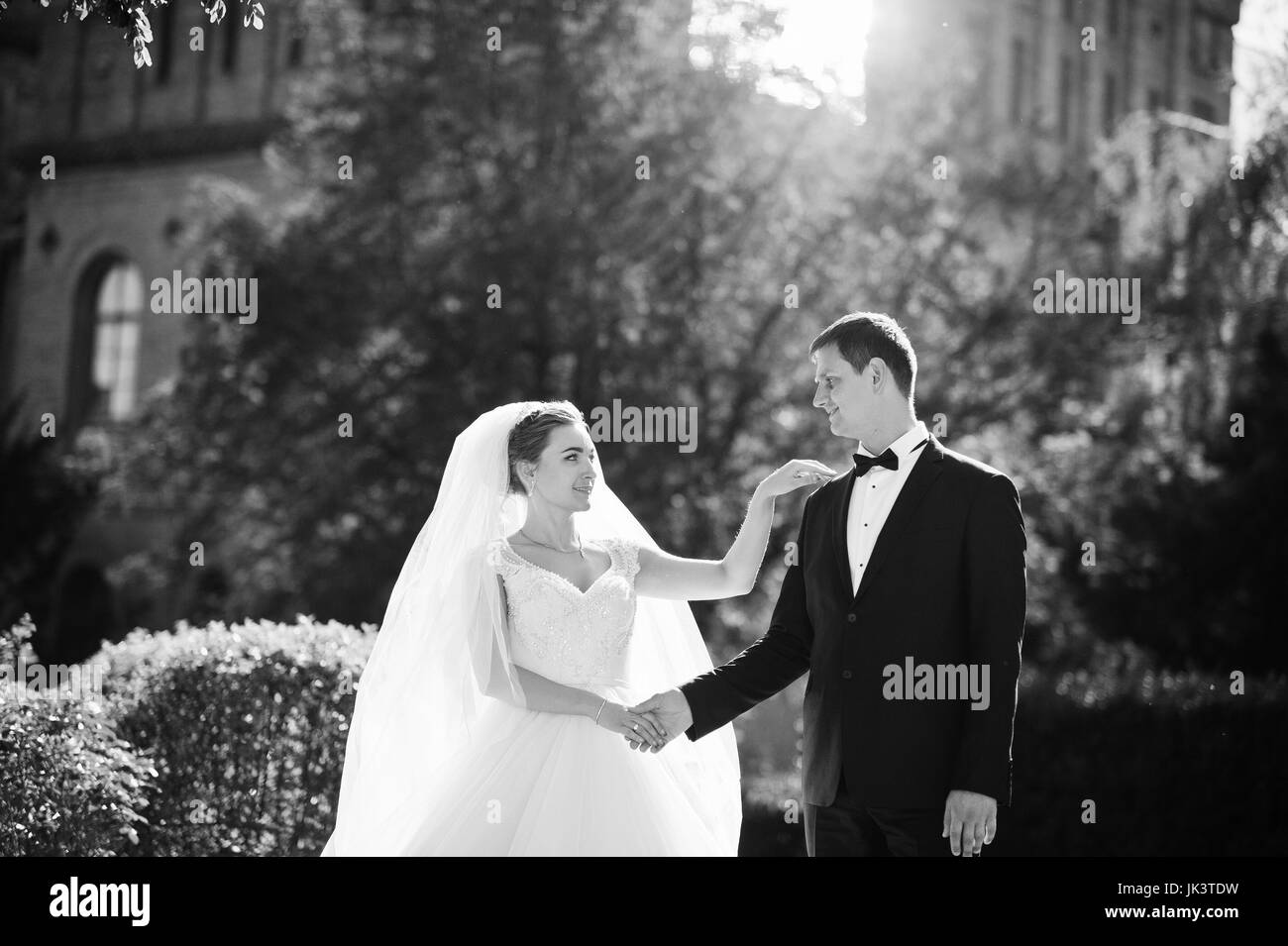 Fantastico matrimonio giovane passeggiate nel parco il giorno delle nozze. Foto in bianco e nero. Foto Stock