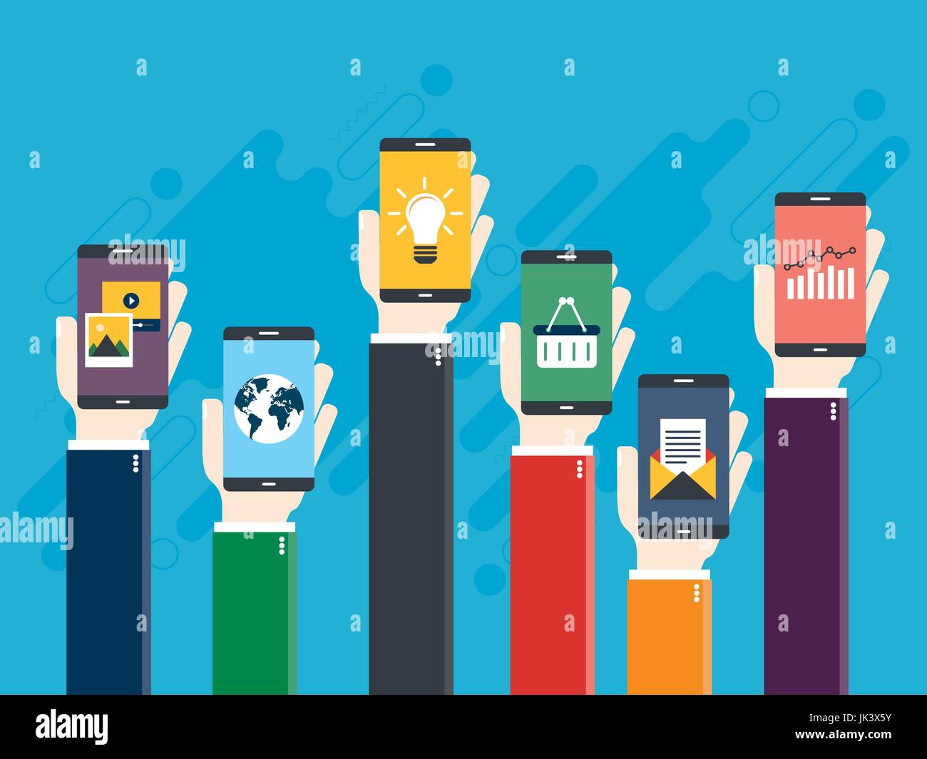 Illustrazione Vettoriale di alzare le mani tenendo i telefoni intelligenti con icone di e-commerce grafico, finanza, e-mail, foto e video, mappa del mondo e lampada. Conc Illustrazione Vettoriale