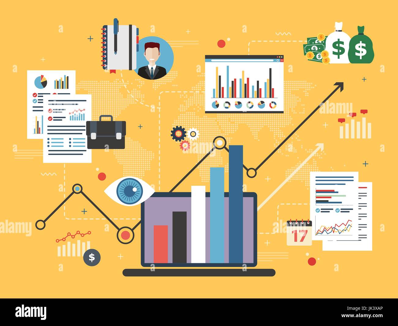 Resoconto con dati di investimento, grafici e la crescita sulla schermata del sito web nel browser internet. Le attività commerciali e gli investimenti icona, marketing, imprenditore, denaro, cha Illustrazione Vettoriale