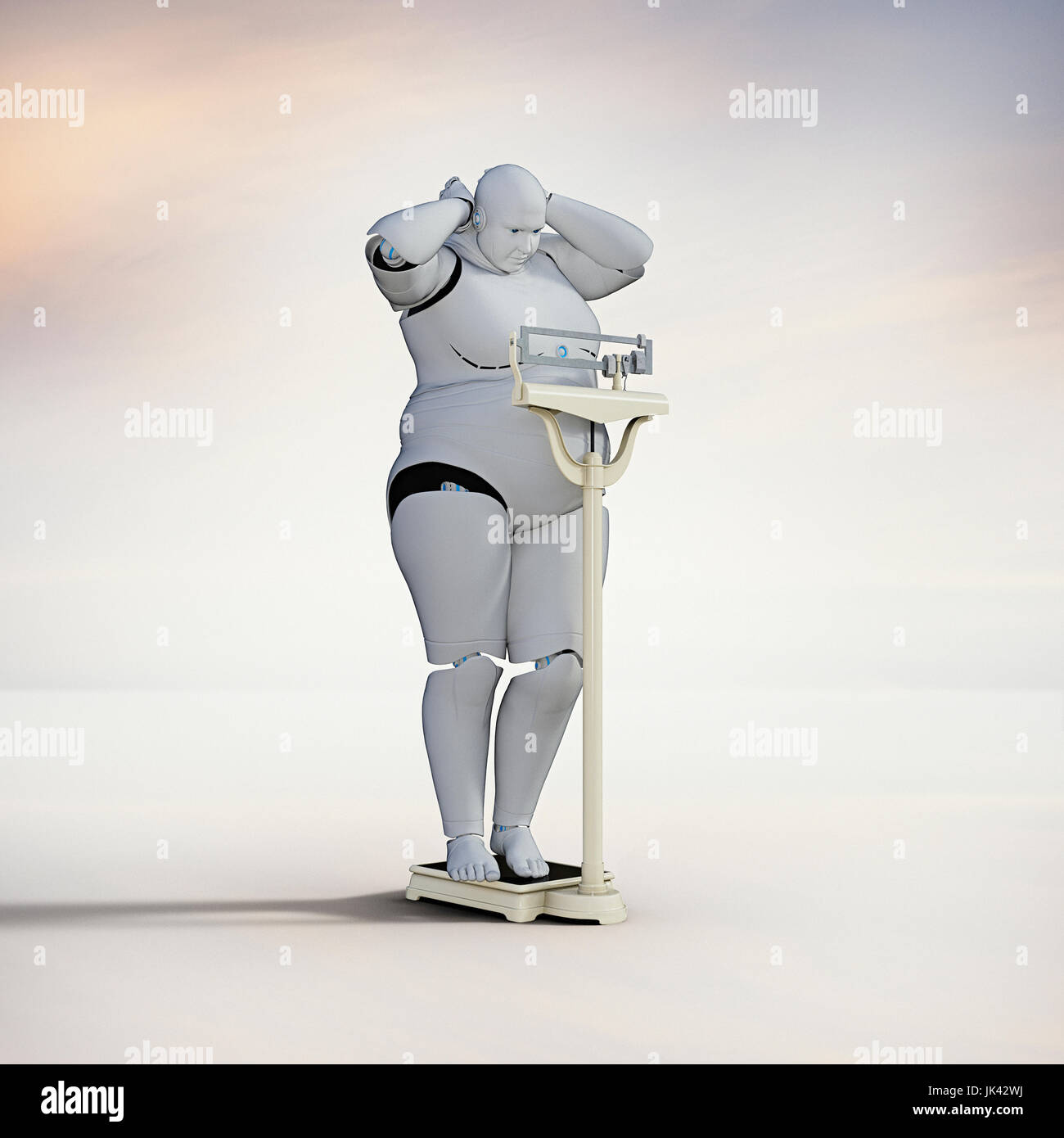 Frustrati robot donna il controllo del peso sulla scala Foto Stock