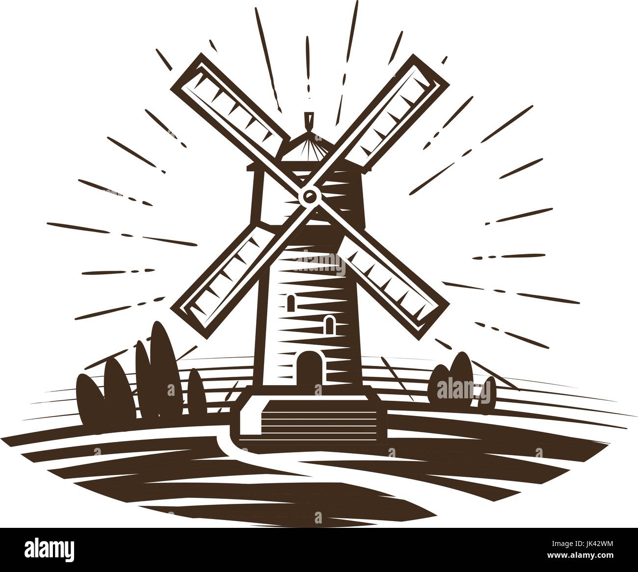 Mill, windmill logo o etichetta. Agriturismo, agricoltura, prodotti da forno, pane icona. Vintage illustrazione vettoriale Illustrazione Vettoriale