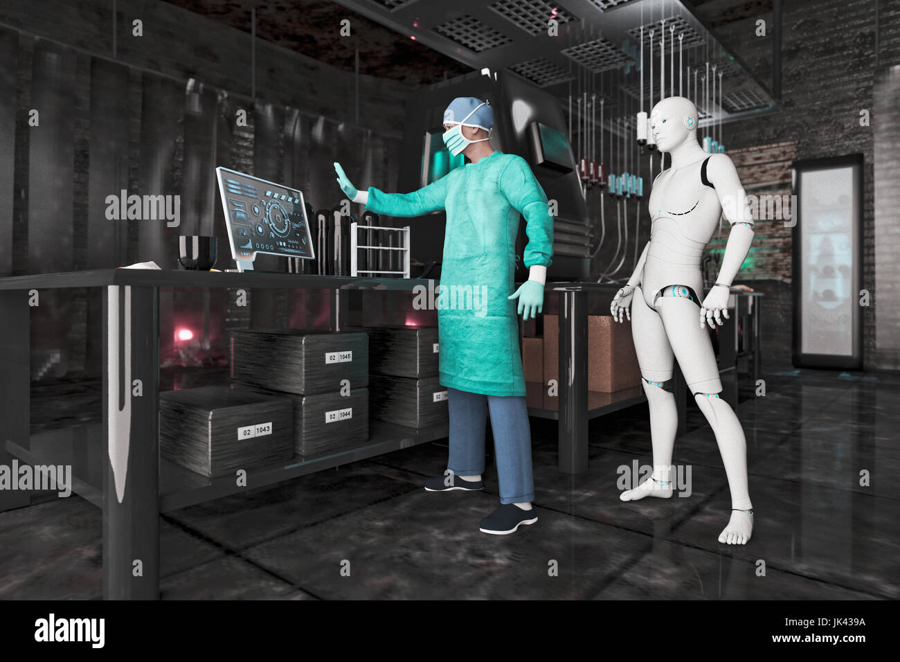 Chirurgo utilizzando computer vicino a robot donna Foto Stock