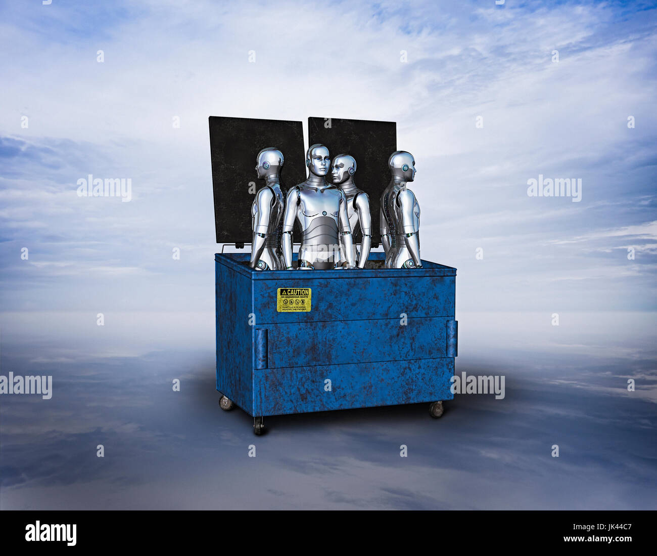 Robot obsoleti in garbage cassonetto Foto Stock