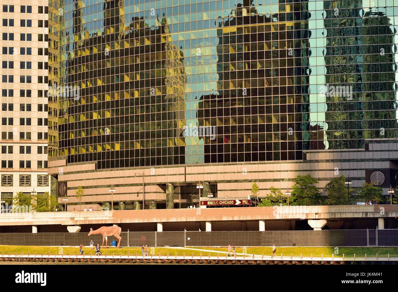 Un più grandi di quelle dimensioni di vita coda bianca deer scultura gracing Chicago Riverwalk di fronte all'elegante 333 Wacker Drive edificio. Chicago, Stati Uniti d'America. Foto Stock