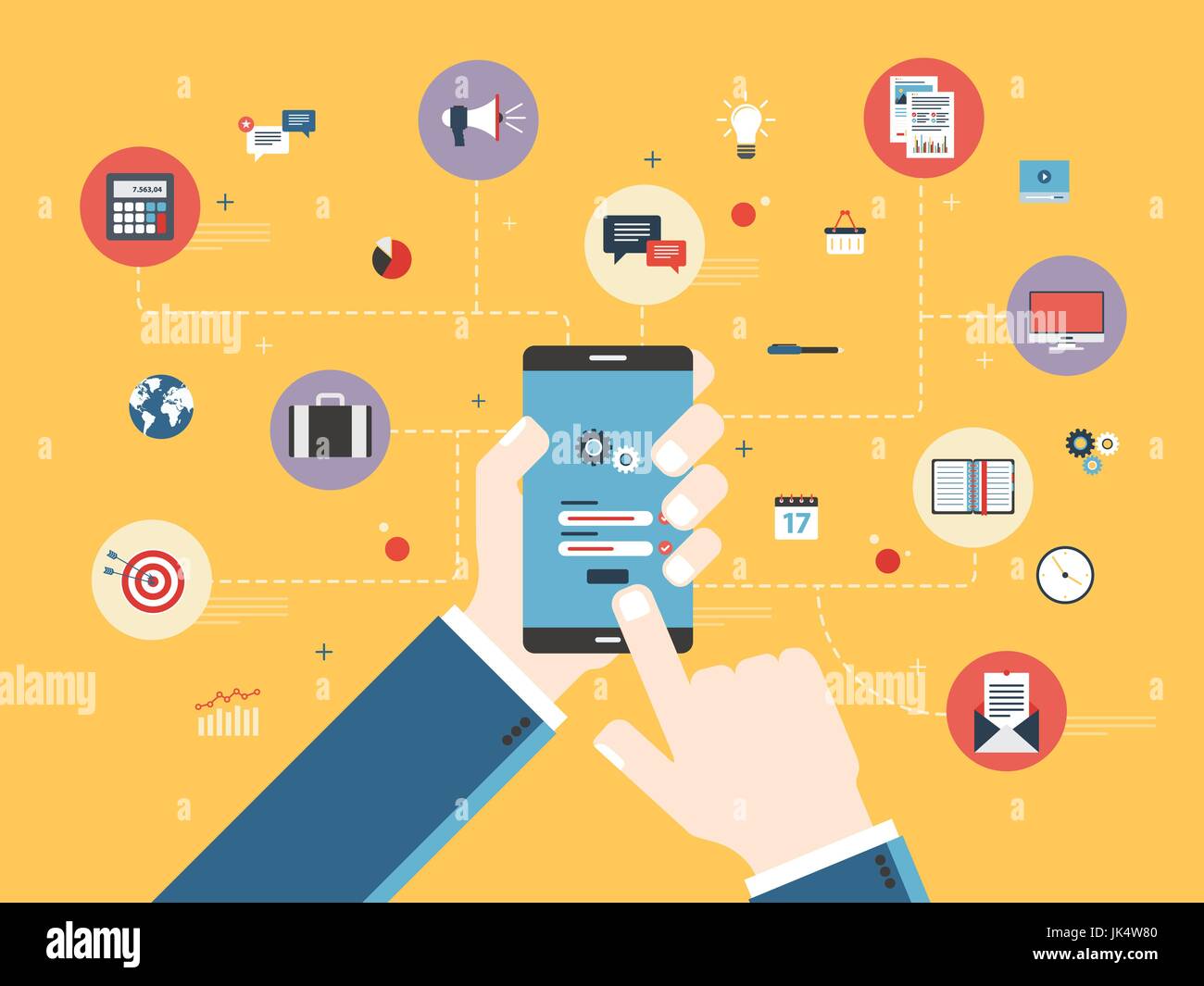 Mano che tiene il telefono cellulare sulla schermata di login. Applicazione smartphone icone collegati da linee. Concetto di smart la comunicazione e la tecnologia. Vettore di Piana Illustrazione Vettoriale