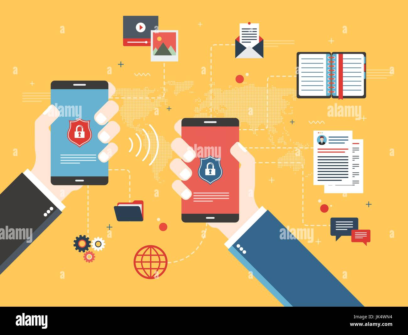 Mani smart phone con invasione protezione e accesso a dati privati. La sicurezza e la privacy del telefono cellulare. Accesso sicuro a Internet e dati t Illustrazione Vettoriale