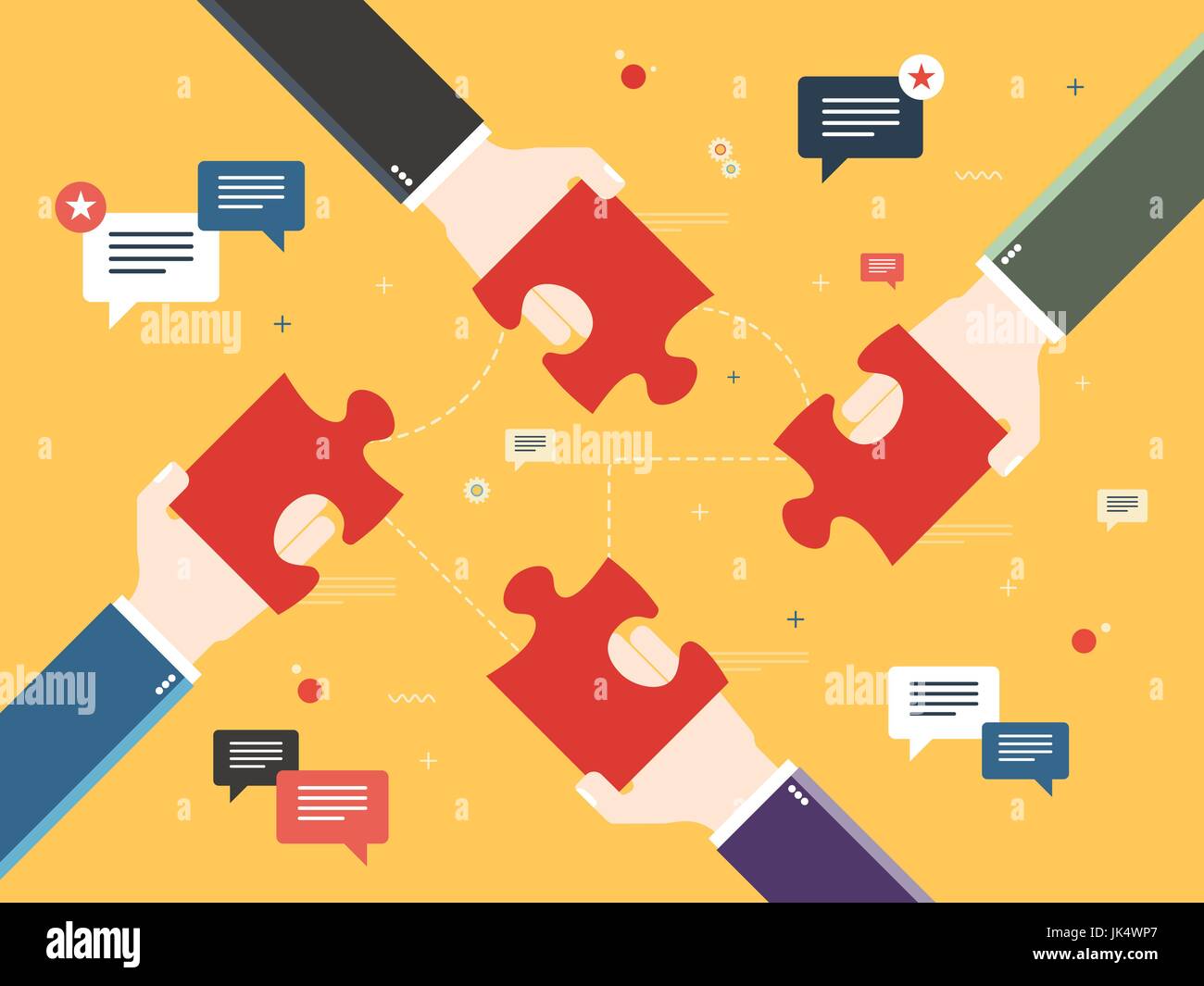 Mani tenendo i pezzi del puzzle e e le icone dei messaggi con testi di feedback. Concetto di lavoro di squadra, la cooperazione e il partenariato, il successo di squadra, business, strateg Illustrazione Vettoriale