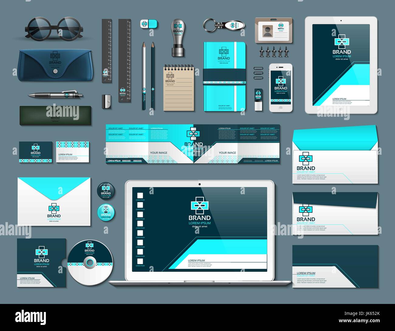 Business corporate identity set di elementi. Vettore articoli lavoro telefono, tablet, mappe, le carte con il logo del marchio. Roba di lavoro Modelli 3D realistici raccogliere Illustrazione Vettoriale