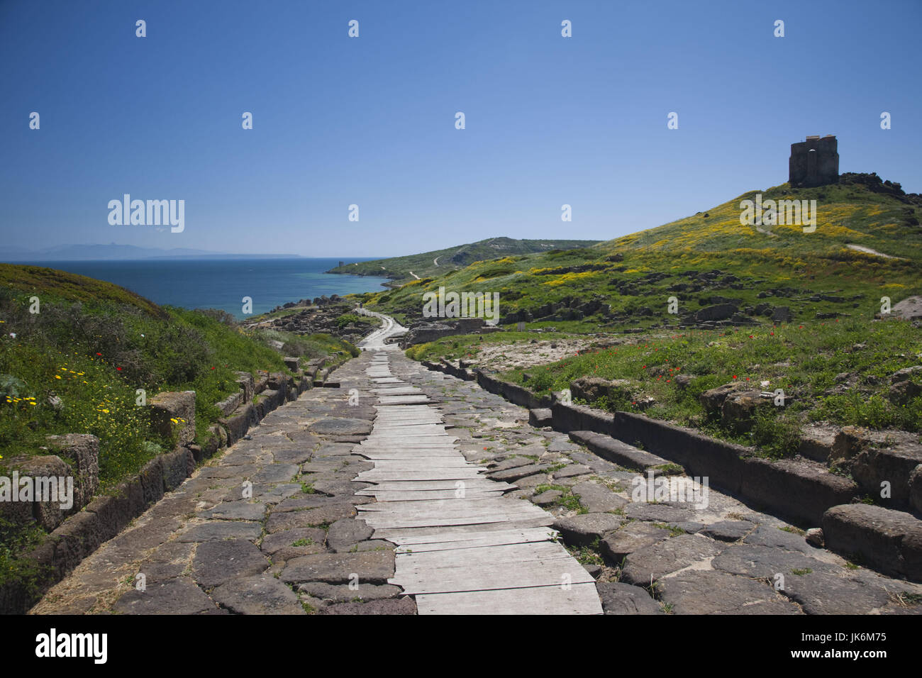 L'Italia, Sardegna, regione di Oristano, la penisola del Sinis, Tharros, rovine dell antica città fenicia, Cardus Maximus road Foto Stock