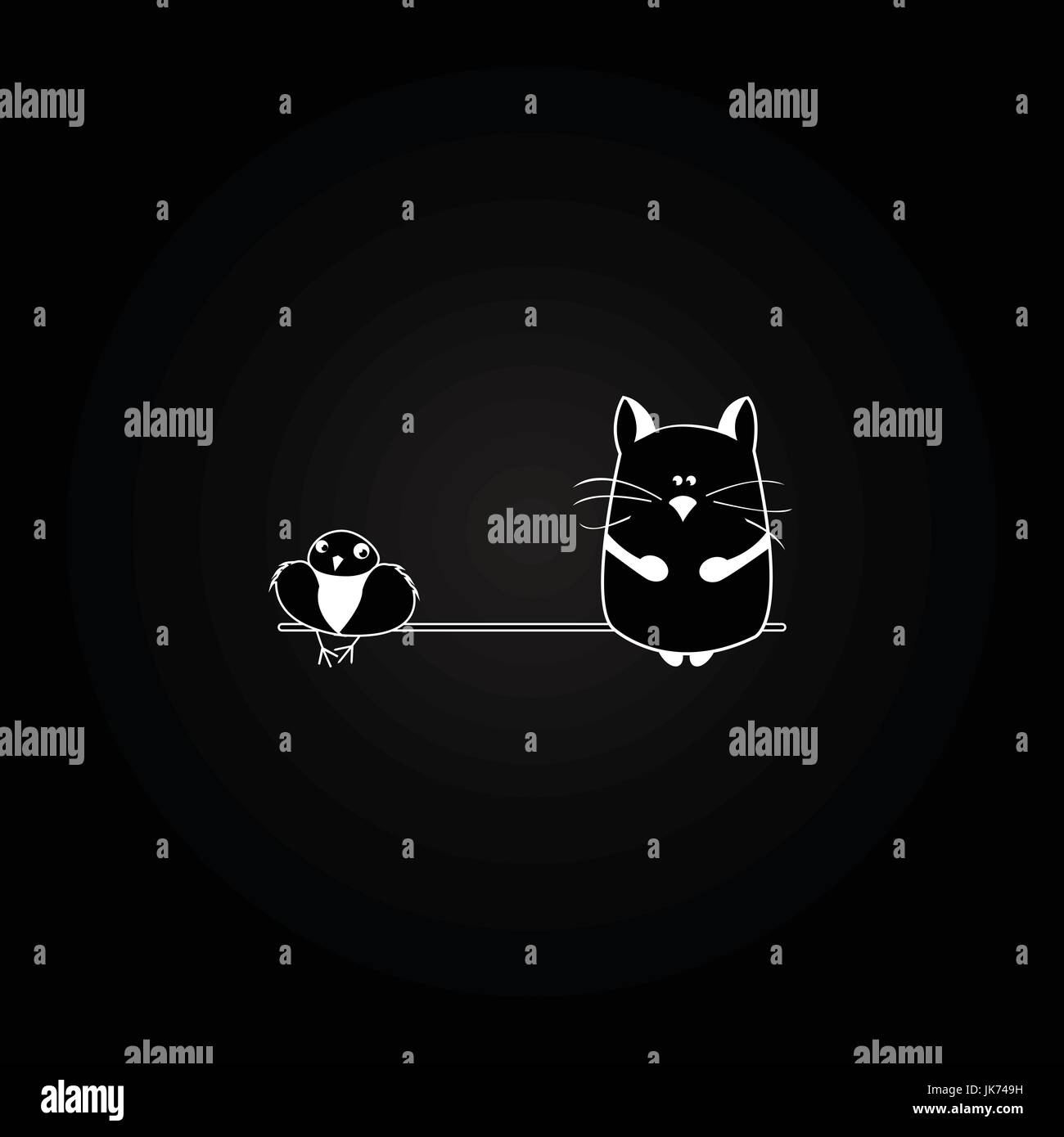 Gatto Bianco e bird sullo sfondo nero. vettore Illustrazione Vettoriale