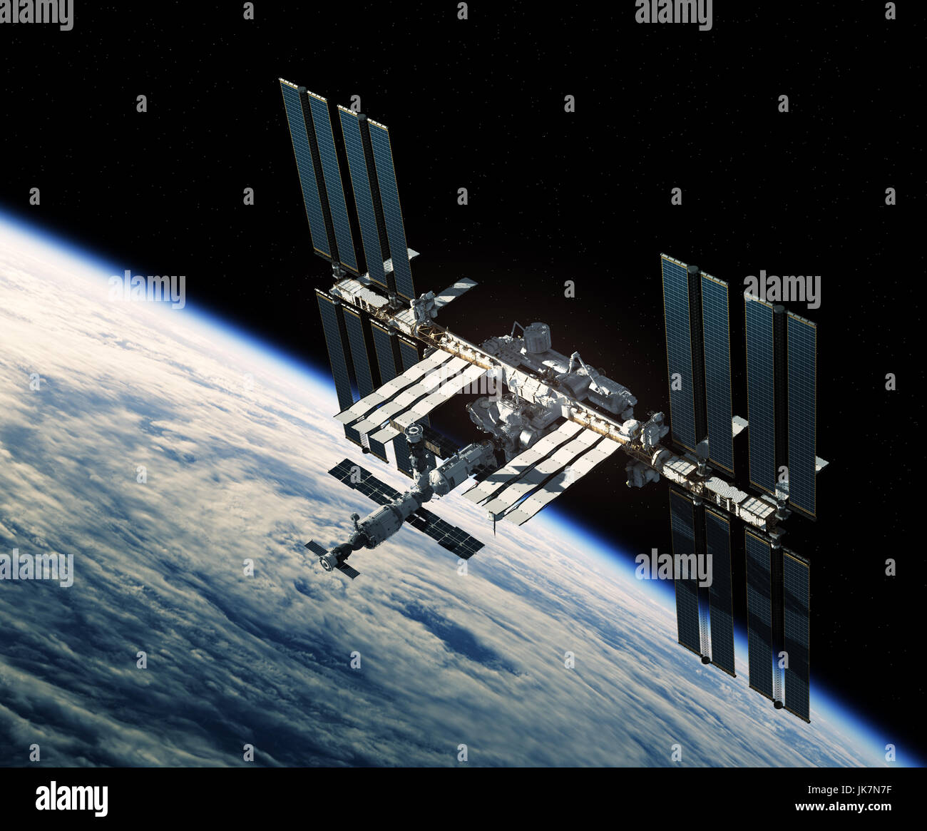 Il volo della Stazione Spaziale Internazionale oltre l'uragano. 3D'illustrazione. Foto Stock