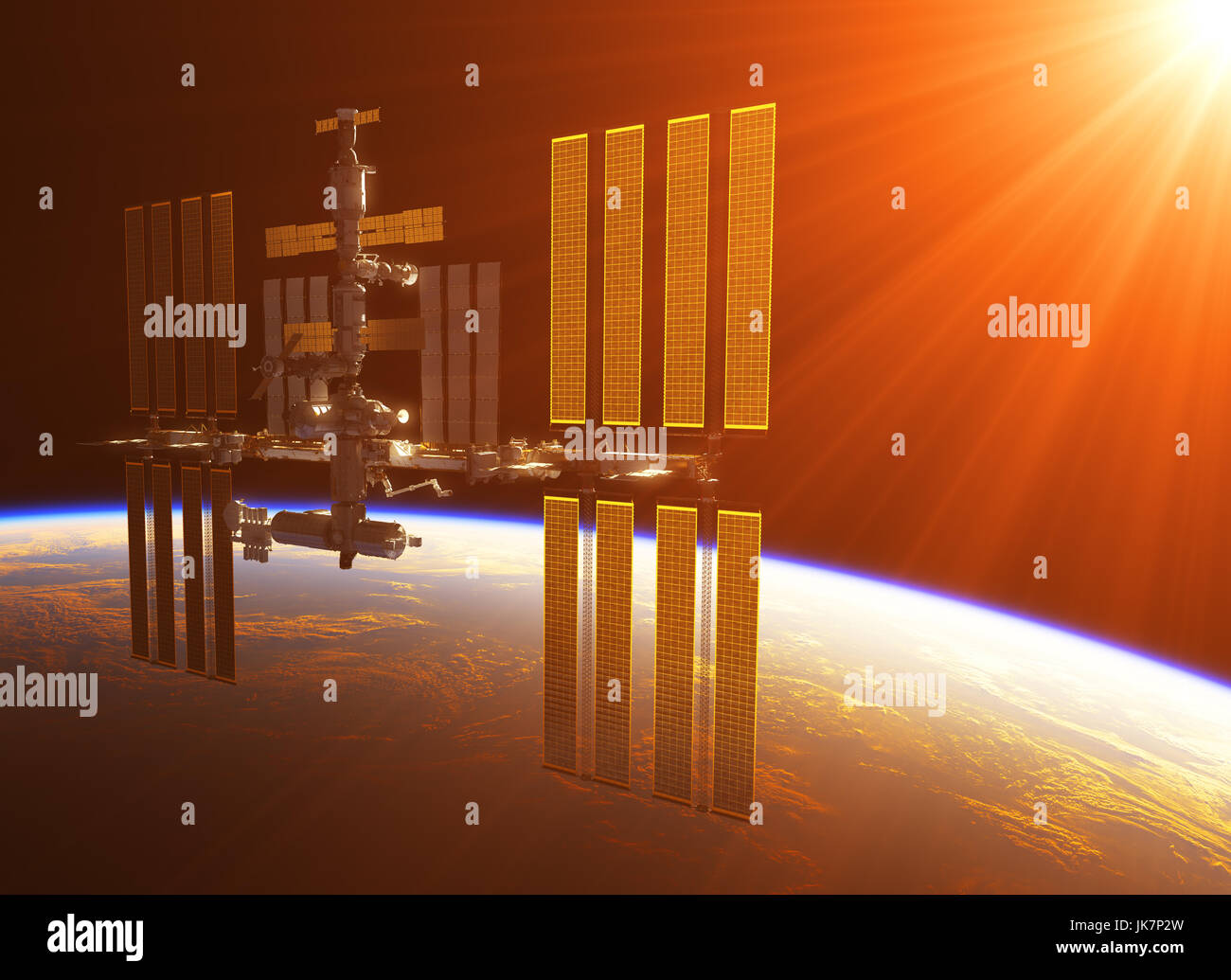 Stazione di spazio sotto i raggi del sole. 3D'illustrazione. Foto Stock
